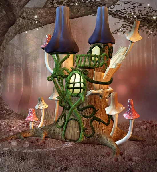 Märchenhaftes Bizarres Fantasieschloss Auf Einer Lichtung Mit Pilzen — Stockfoto
