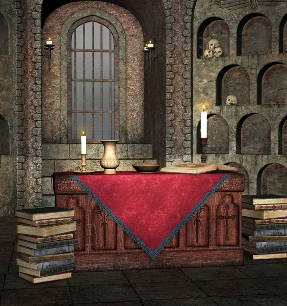 Cripta Escura Com Altar Pagão Livros Crânios — Fotografia de Stock