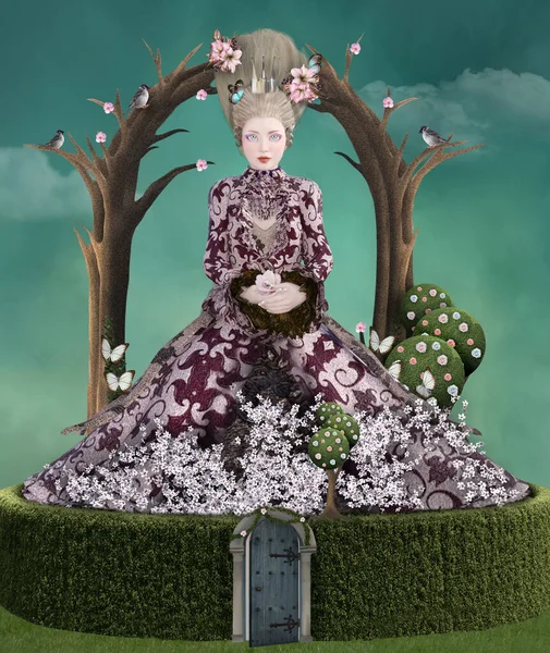 Леди Стиле Барокко Вдохновленная Мари Антуанеттой Зеленым Лабиринтом Посреди Сюрреалистического — стоковое фото