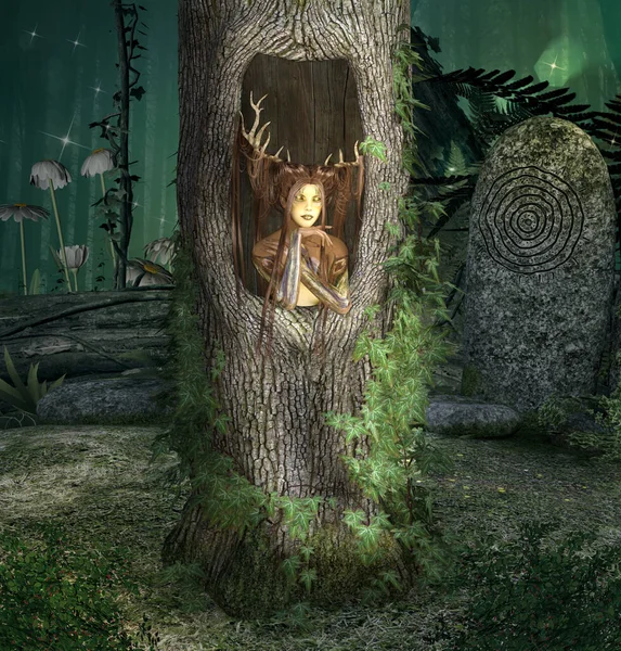 Büyülü Ormanın Ortasında Bir Sandığın Içindeki Fantezi Yaratığı — Stok fotoğraf