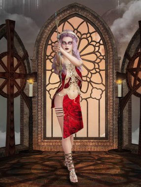 Eski bir gotik ibadethanede kemer kullanan savaşçı kadın.