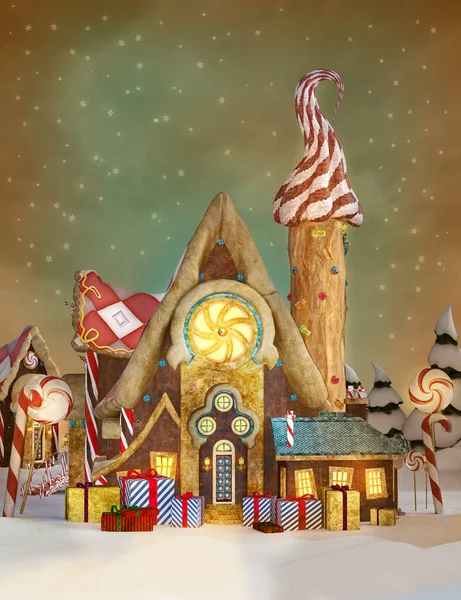 Χιονίζει Πάνω Από Την Πόλη Gingerbread Χριστούγεννα — Φωτογραφία Αρχείου