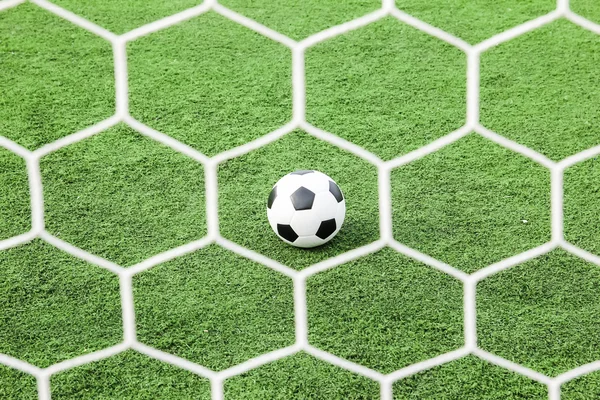 Football on green grass in front of the net — Stock Photo, Image