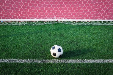 Futbol topu kalede net yeşil çimenlerin üzerinde