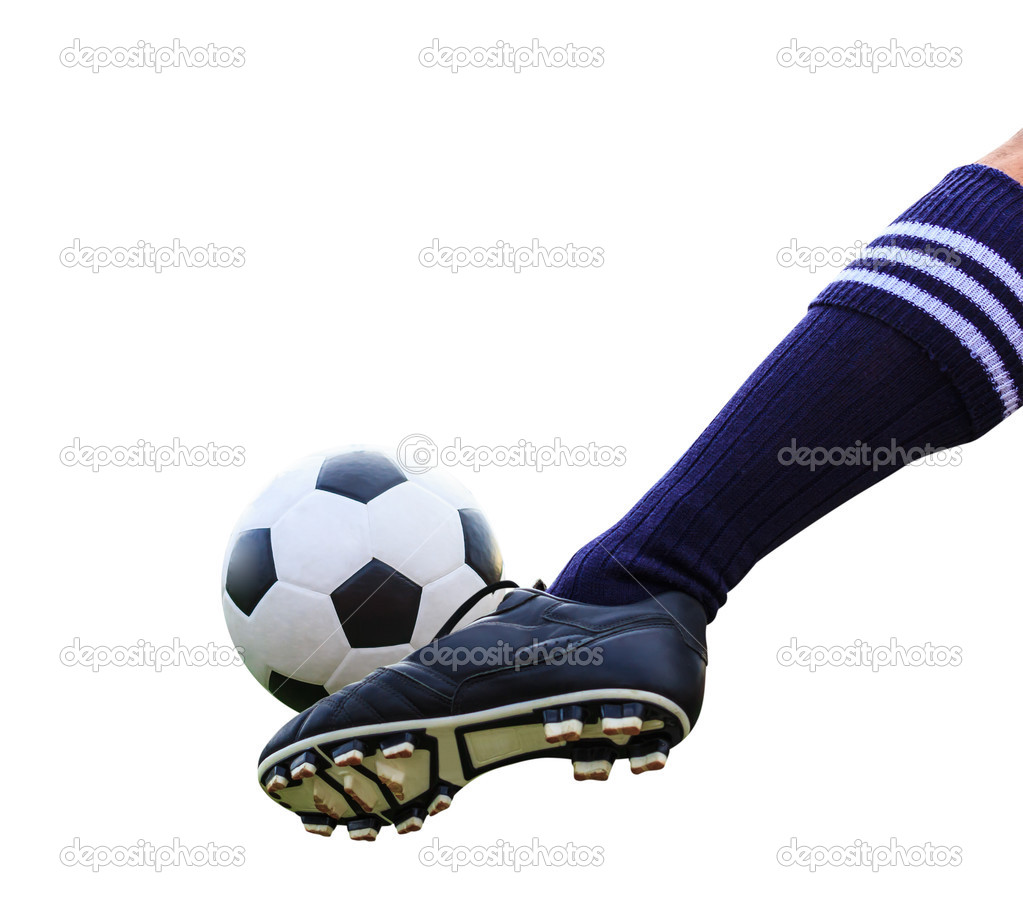 foot kicking soccer ball isolated with clipping path