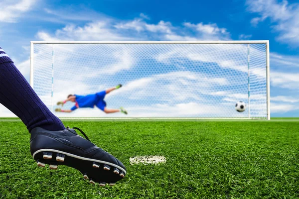Foot shooting soccer ball to goal, penalty — Stock Photo, Image
