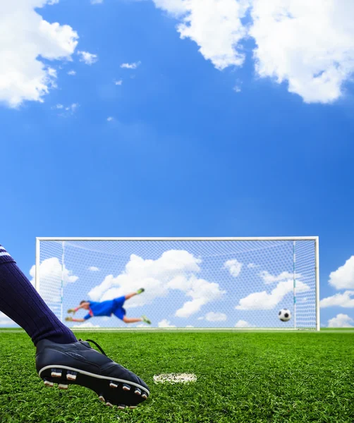 Foot shooting soccer ball to goal, penalty — Stock Photo, Image