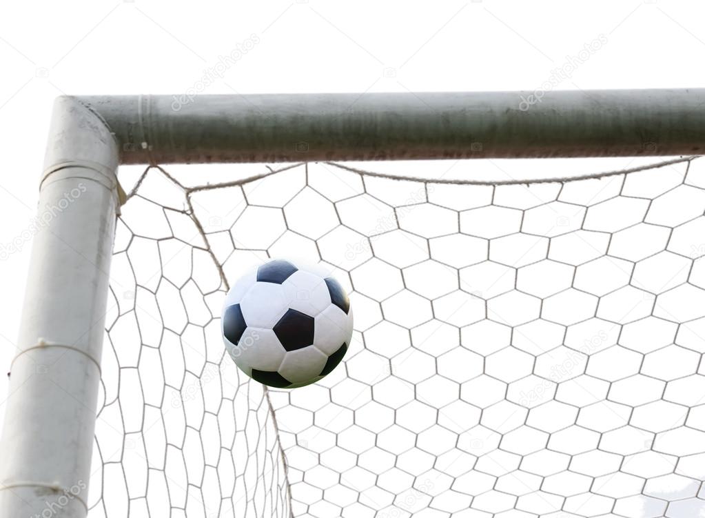 soccer ball in goal net isolated