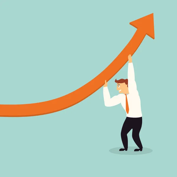 Schöner Geschäftsmann hebt Graphenpfeil höher, erfolgreiches Konzept, illustratio n, Vektor — Stockvektor