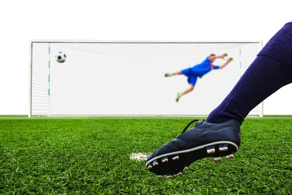 Foot shooting soccer ball to goal — Stock Photo, Image