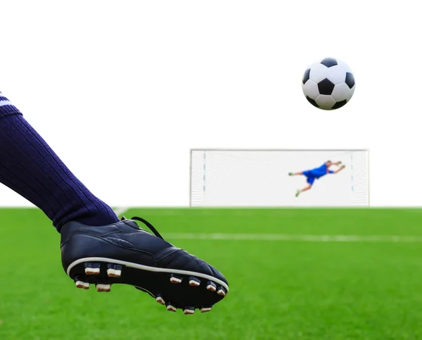 Foot kicking soccer ball — Stock Photo, Image