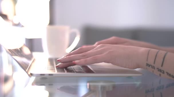 Mujer Escribiendo Teclado Del Ordenador Portátil Casa — Vídeos de Stock