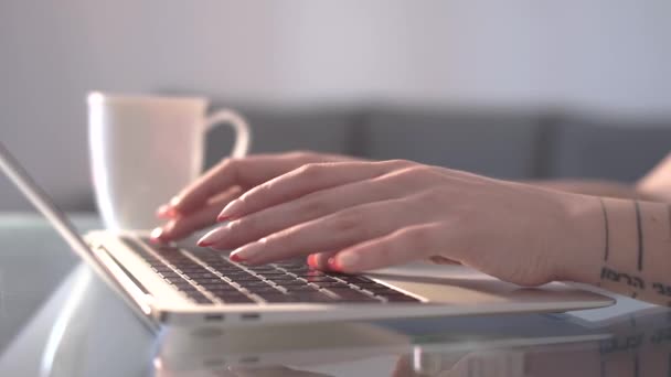Жінка Друкує Клавіатурі Ноутбука Вдома — стокове відео