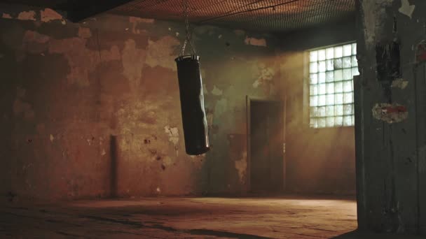 Punching Bag Swinging Chain Old Building — Stock Video