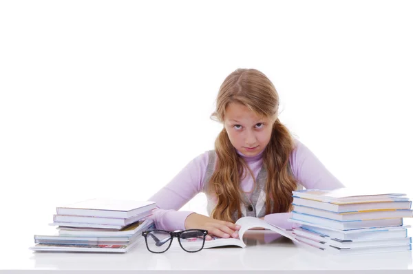 Schoolgirl with the pile of new books — Stock Photo, Image