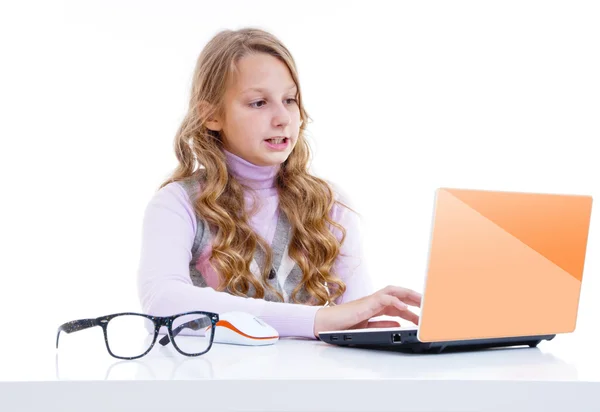 The schoolgirl painting with the digitizer and netbook — Stock Photo, Image