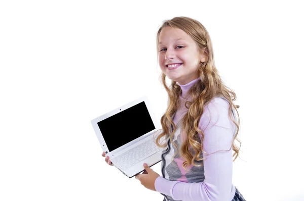 Studentessa con il suo netbook bianco — Foto Stock