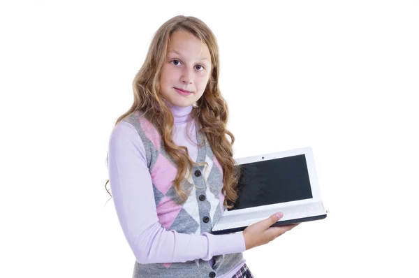 Colegiala con su netbook blanco — Foto de Stock