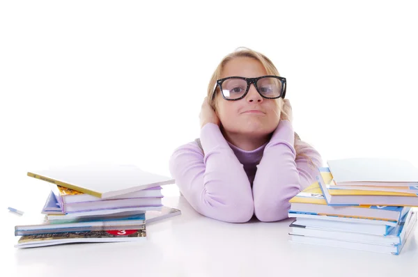 Schoolgirl with the pile of new books — Stock Photo, Image