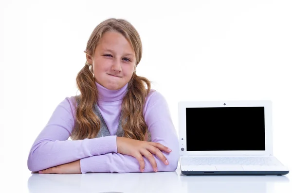 Schoolgirl with her white netbook — Stock Photo, Image