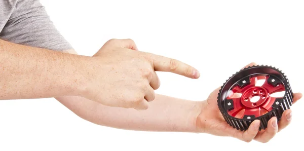 A férfi kezében új állítható csiga — Stock Fotó