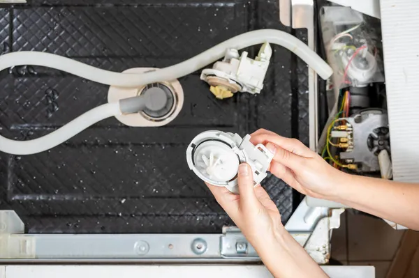 New Pump Dishwasher Hands Woman Background Disassembled Dishwasher — Stock Photo, Image