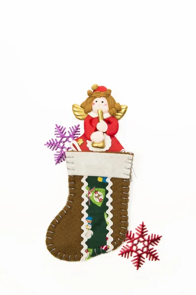 Red Angel in brown Christmas sock with snowflake — Stock Photo, Image