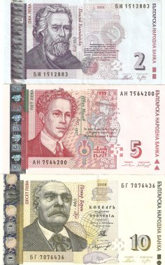 Bulgar banknotlar - 2, 5, 10 Bulgar leva. ön yüzü.