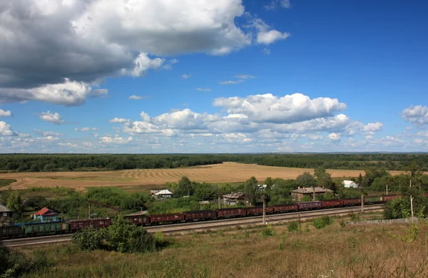 Paisaje rural con tren ferroviario. Rusia — Foto de Stock