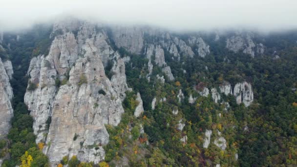 在多雾的山上上空的空中镜头 在克里米亚的4K无人驾驶飞机镜头 — 图库视频影像