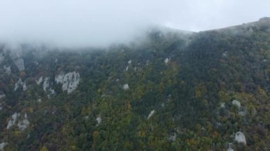 Sonbahar mevsiminde sisli bir dağın tepesindeki hava görüntüleri, Kırım 'daki 4k drone görüntüleri.