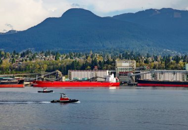 Kuzey Vancouver limanı boyunca giden iki römorkör şehrin ve sıradağların arka planına karşı.