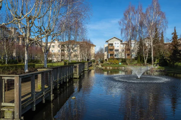 不列颠哥伦比亚省瓦努韦市里士满市住宅区 住宅区内有池塘和喷泉 绿草灌木和树木 — 图库照片