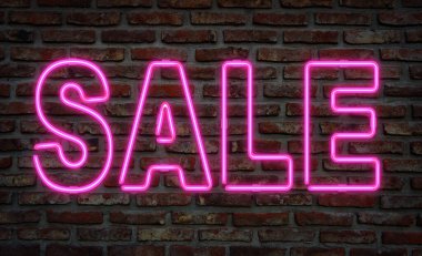 Parlayan neon satışı bir tuğla duvarda şarkı.
