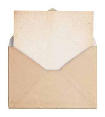Vintage envelope with paper on white background, clipping path.