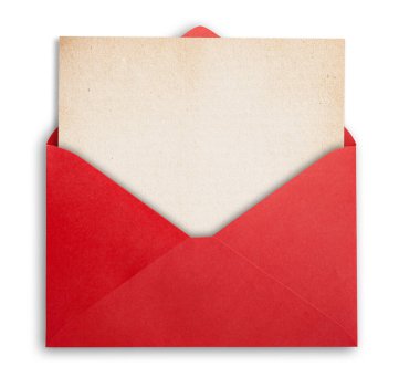 Red envelope with old paper, isolated, clipping path.