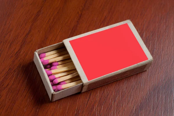 Red Match Box Wooden Table — Stockfoto