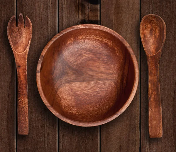 Top View Wooden Bowl Fork Spoon Wooden Background — 图库照片