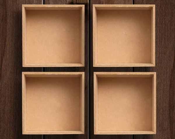 Six Empty Boxes Wooden Table —  Fotos de Stock