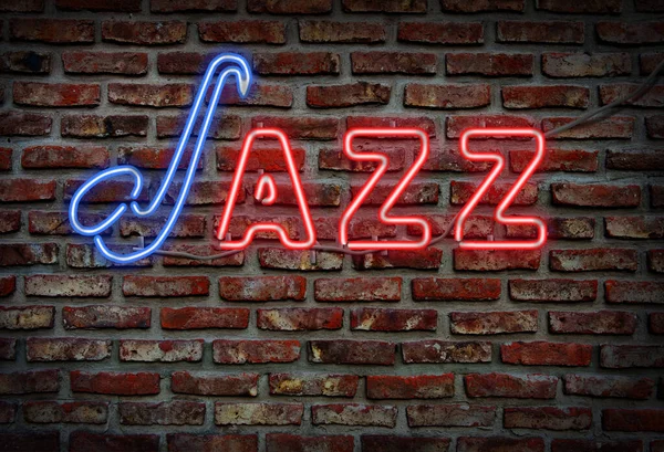 Glowing neon jazz sing on a brick wall.