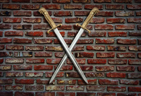 Two Swords Crossed Brick Wall — Foto de Stock