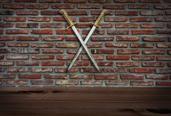 Two Swords Crossed Brick Wall — Stockfoto