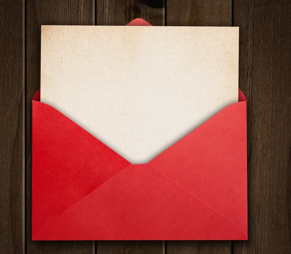 Red Envelope Old Paper Wooden Background — Stok fotoğraf
