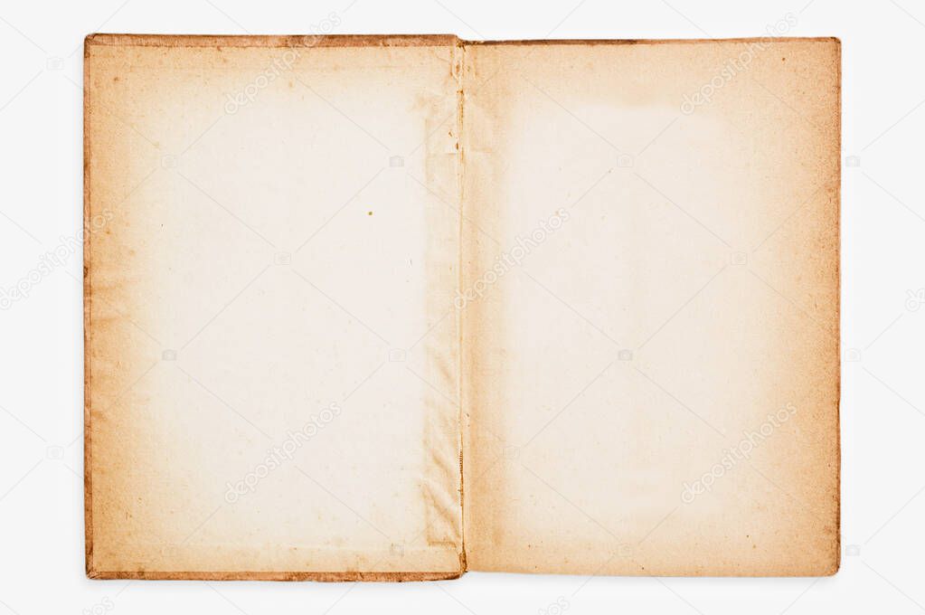 Open vintage book, isolated on white background.