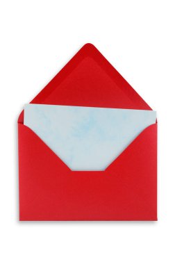 Open red envelope with a blue sheet of paper inside. Isolated, white background.