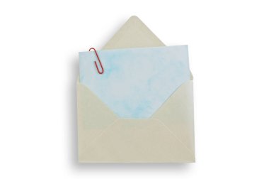 Open envelope wiht card inside, isolated white background, clipping path.
