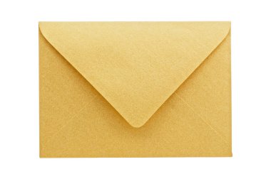 Golden envelope on white background, close up, studio shot.