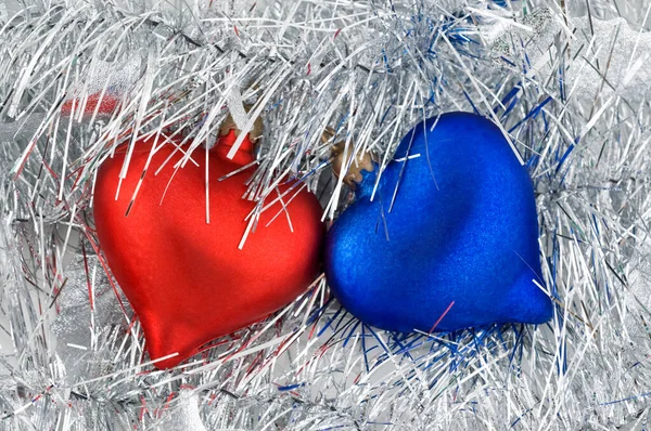 Christmas Red Blue Heart Ornaments White Background — Zdjęcie stockowe