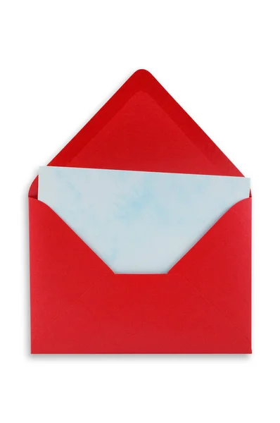 Open Red Envelope Blue Sheet Paper Isolated White Background — Zdjęcie stockowe