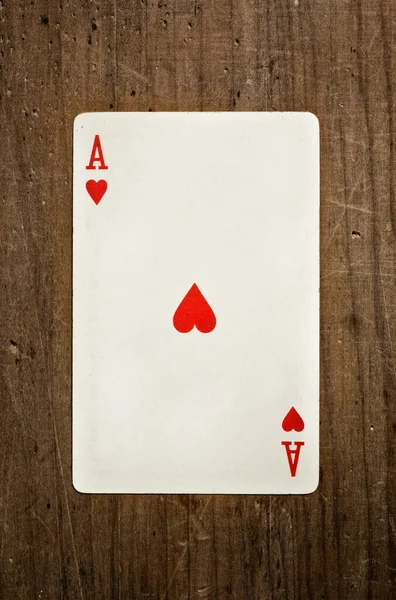 Old Ace Hearts Card Wooden Table — Zdjęcie stockowe